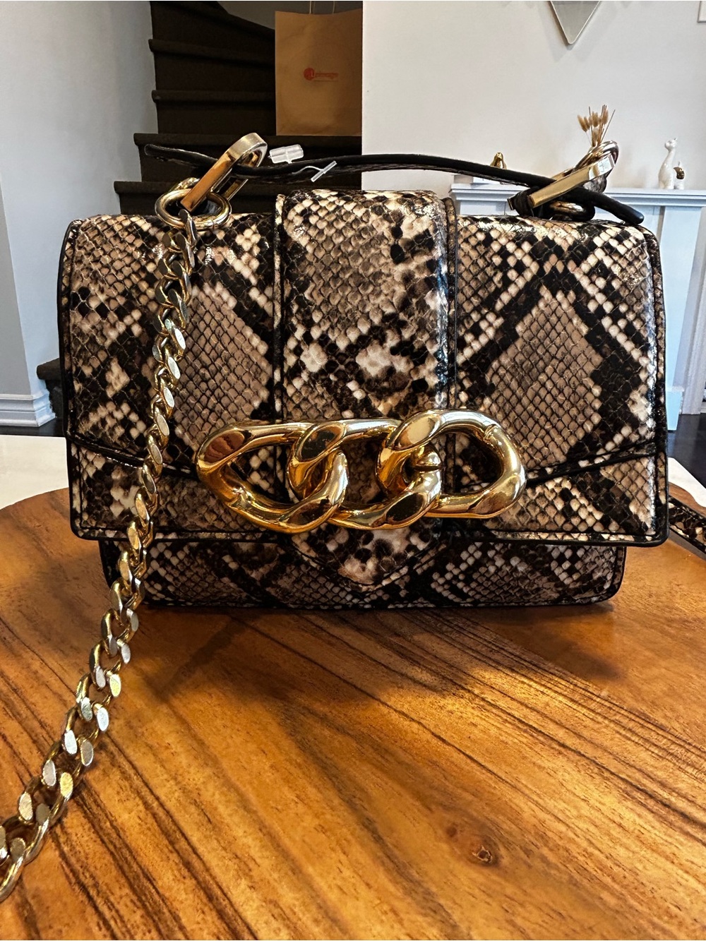 Zara Snake-Print Crossbody with Gold Chain Accent -